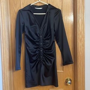 Black long sleeves satin mini dress
